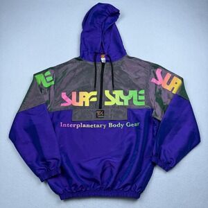 Surf Style Jacket Mens Small Purple Hooded 1/4 Zip Windbreaker Retro Neon
